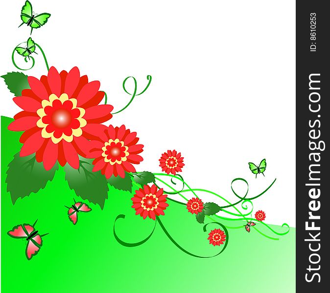 Floral background from red flowers with  green sheet and pattern