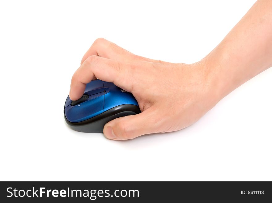 Blue computer mice in hand on white