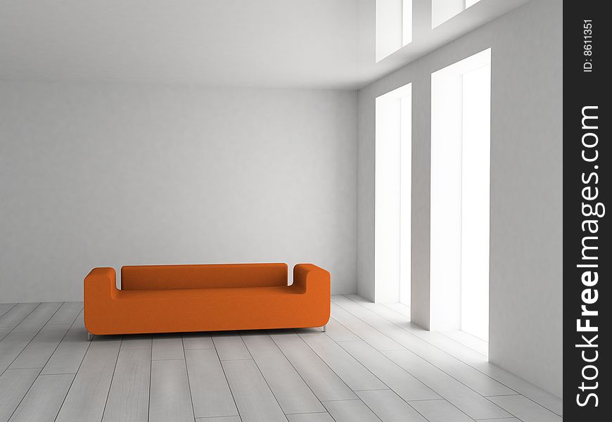 Orange  sofa in the white interior (3D). Orange  sofa in the white interior (3D)