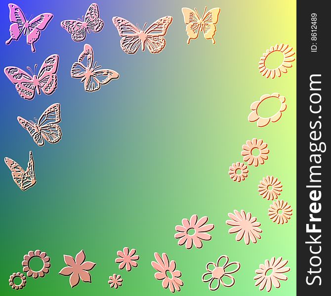 Blue green and yellow background with flower and butterfly ornaments. Blue green and yellow background with flower and butterfly ornaments.