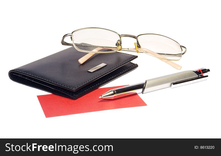 A purse, business card, glasses and pen, is isolated on white. A purse, business card, glasses and pen, is isolated on white