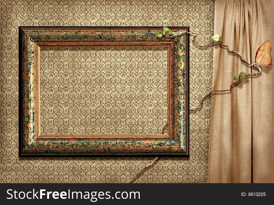 Grunge frame on a grunge wallpaper with ivy and butterfly
