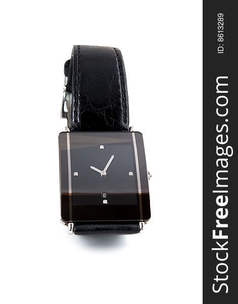 Black modern luxury man watch with leather strap on white background