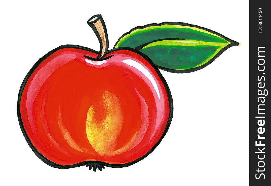 One red apple with stalk and green leaf