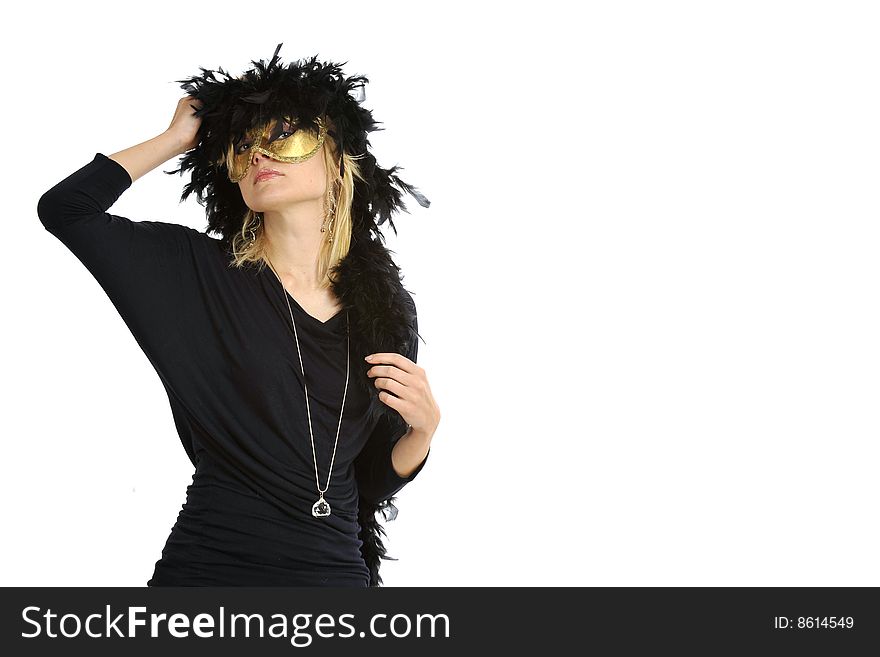 Lovely blond model with golden mask and a black boa, isolated on white. Lovely blond model with golden mask and a black boa, isolated on white