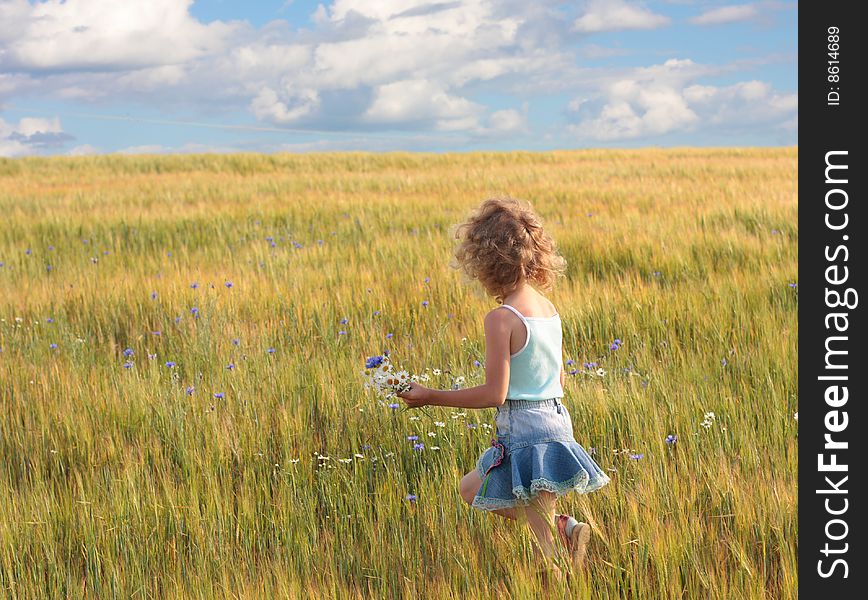 Little girl with flowers on field. Little girl with flowers on field
