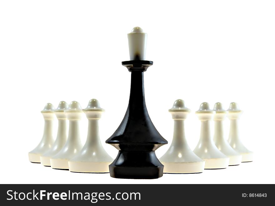 One black  queen and many white pawns on the white background. One black  queen and many white pawns on the white background