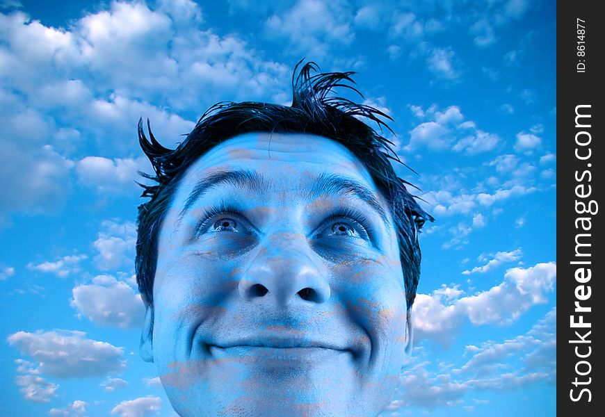Happy  man and  blue  sky with many white clouds. Happy  man and  blue  sky with many white clouds