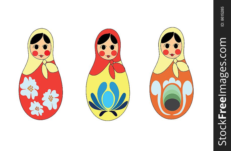 Three russian colourful dolls (matreshka) with different ornaments. Three russian colourful dolls (matreshka) with different ornaments