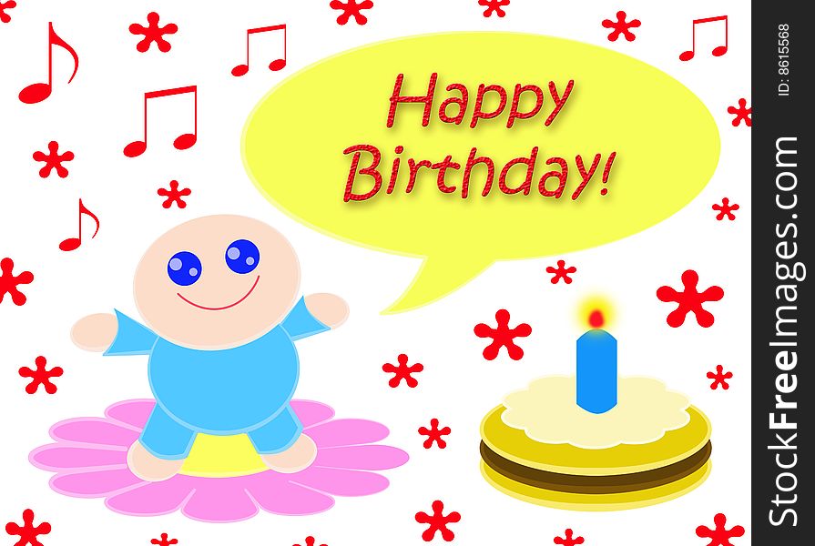 A coloured birthday card with a little boy standing on a pink flower and singing happy birthday near a greedy chocolate cake. Digital drawing. Coloured picture. A coloured birthday card with a little boy standing on a pink flower and singing happy birthday near a greedy chocolate cake. Digital drawing. Coloured picture.
