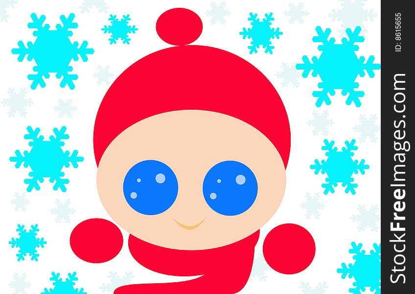 A cute little baby with a red hat, scarf and gloves happy under the snowflakes. Digital drawing. Coloured picture. A cute little baby with a red hat, scarf and gloves happy under the snowflakes. Digital drawing. Coloured picture.