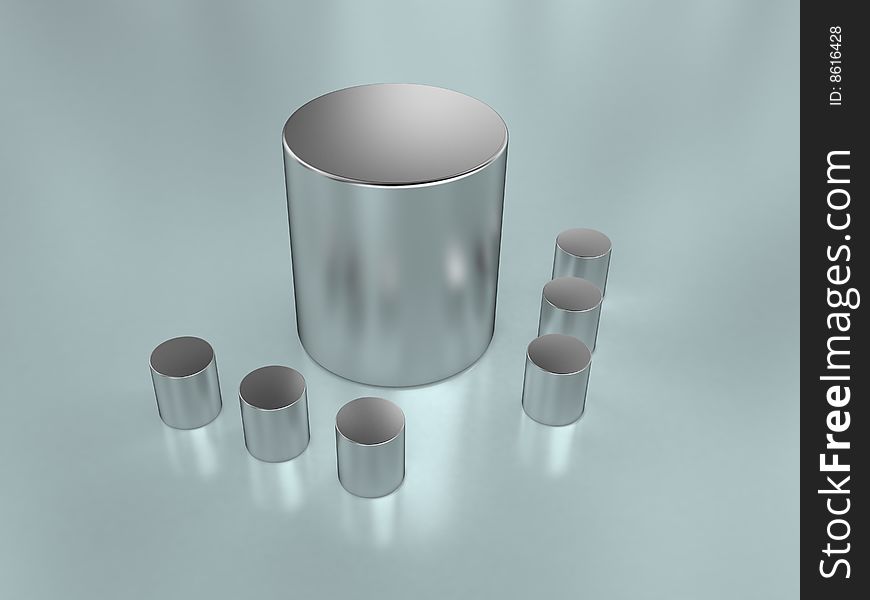 Seven metal polished cylinders. Leader concept. Seven metal polished cylinders. Leader concept