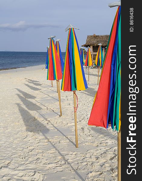 A row of colorful umbrellas on the beach. Copy space
