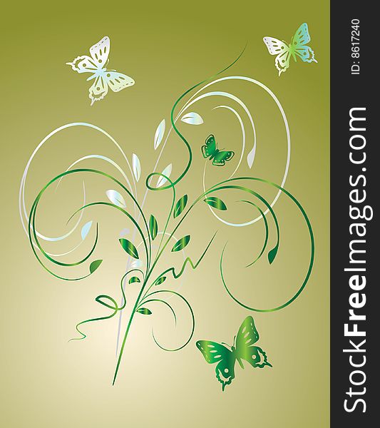 The background of leaves and butterflies. Vector illustration