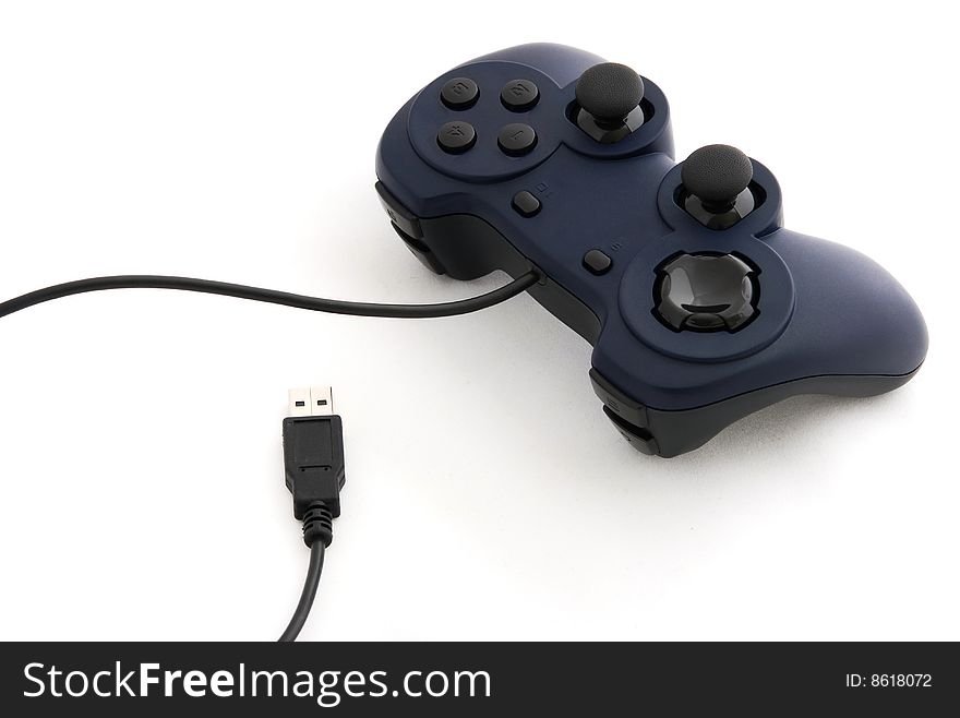 A blue gamepad and USB Cable with white background