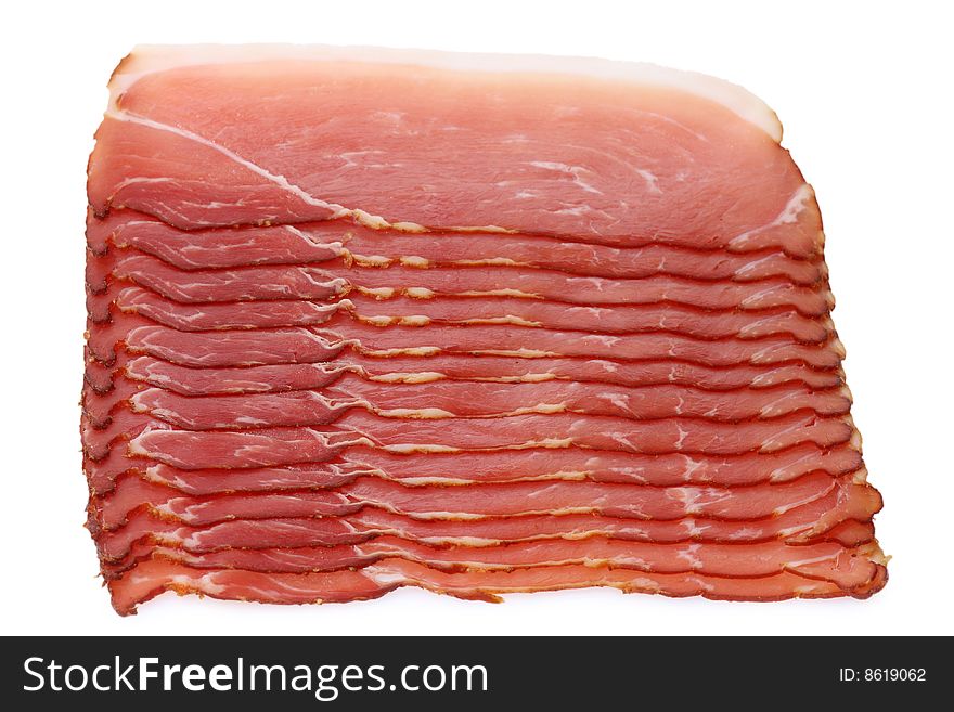 Slices of smoked ham isolated on white Background