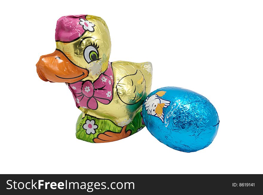 Chocolate easter chicken with blue egg on white background. Chocolate easter chicken with blue egg on white background