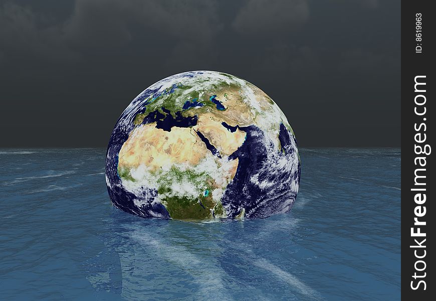 3d render of Earth sinking into the sea. 3d render of Earth sinking into the sea