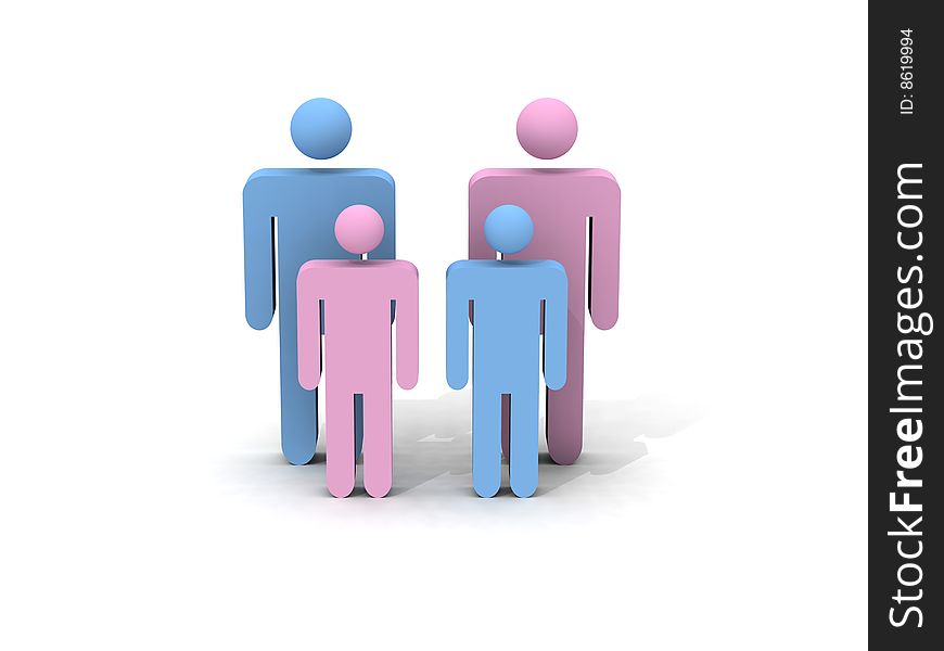 Symbolic 3d render of pink and blue figures representing a family
