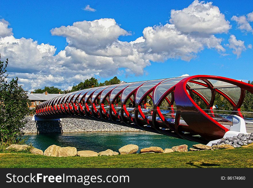 Peace Bridge is a pedestrian bridge, designed by Spanish architect Santiago Calatrava, that accommodates both pedestrians and cyclists crossing the Bow River in Calgary, Alberta, Canada. The bridge is open for use as of March 24, 2012. Peace Bridge is a pedestrian bridge, designed by Spanish architect Santiago Calatrava, that accommodates both pedestrians and cyclists crossing the Bow River in Calgary, Alberta, Canada. The bridge is open for use as of March 24, 2012