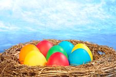 Color Eggs In A Golden Nest Stock Images