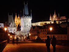 Charles Bridge In Prague With Castle In The Night Royalty Free Stock Photos