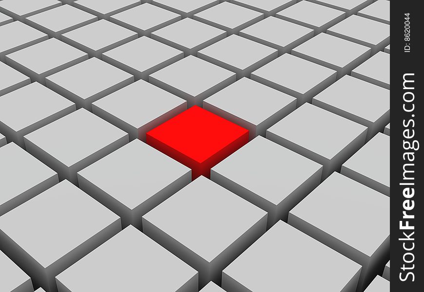 Symbolic 3d picture of a red block standing in a gray crowd. Symbolic 3d picture of a red block standing in a gray crowd