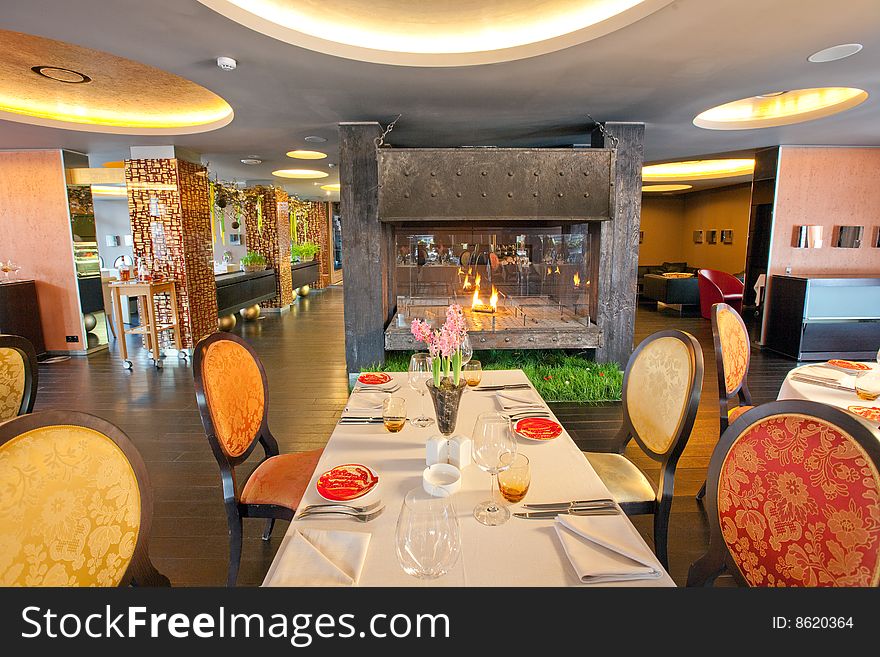 Large fireplace in 5 star restaurant