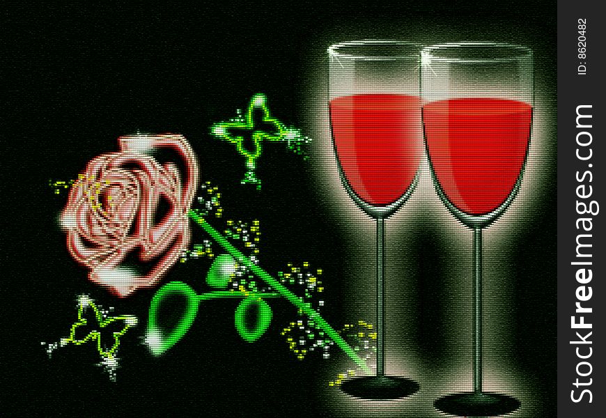 Two goblets on background of the rose with butterfly. Two goblets on background of the rose with butterfly
