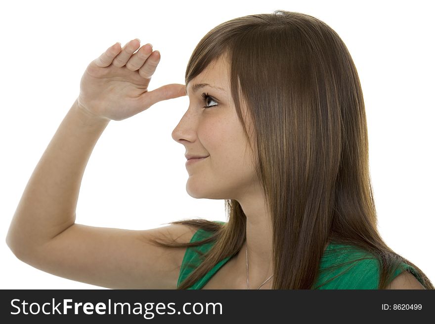 Teenager with gestures search, Hand indicates the look to the distance