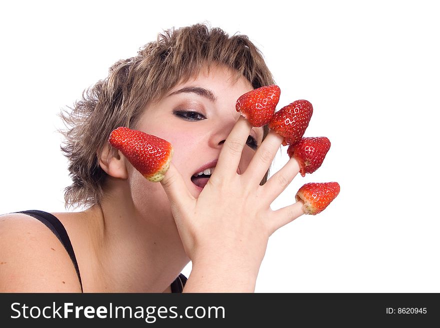 Sexy Girl With Red Strawberry Isolated On White