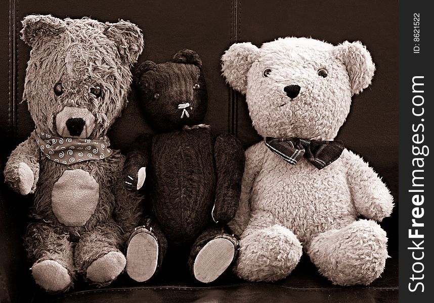 Three old bears friends sitting in a armchair in sepia color