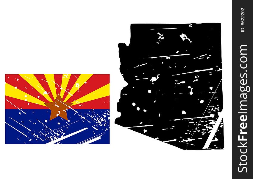 Vector illustration of distressed arizona map and state flag. the style is grunge and aged. Vector illustration of distressed arizona map and state flag. the style is grunge and aged.