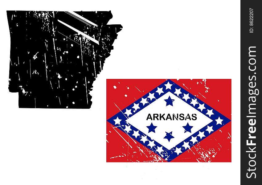 Vector illustration of distressed arkansas map and state flag. the style is grunge and aged. Vector illustration of distressed arkansas map and state flag. the style is grunge and aged.