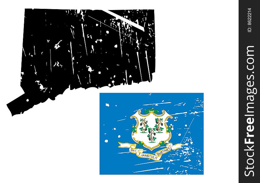 Vector illustration of distressed connecticut map and state flag. the style is grunge and aged. Vector illustration of distressed connecticut map and state flag. the style is grunge and aged.