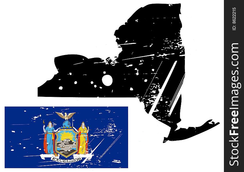 Vector illustration of distressed new york map and state flag. the style is grunge and aged. Vector illustration of distressed new york map and state flag. the style is grunge and aged.