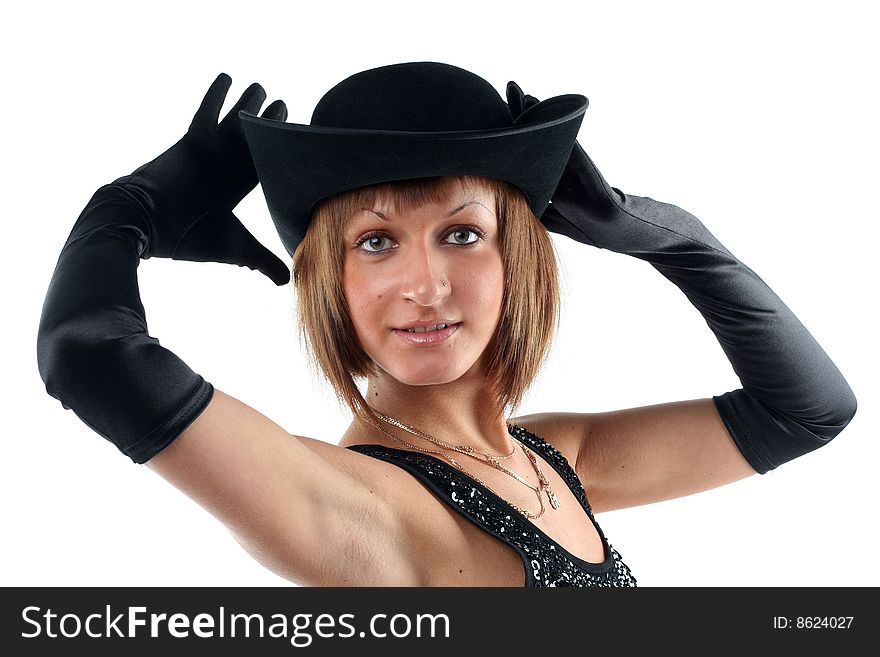 Lovely yong woman in hat and gloves isolated on white background