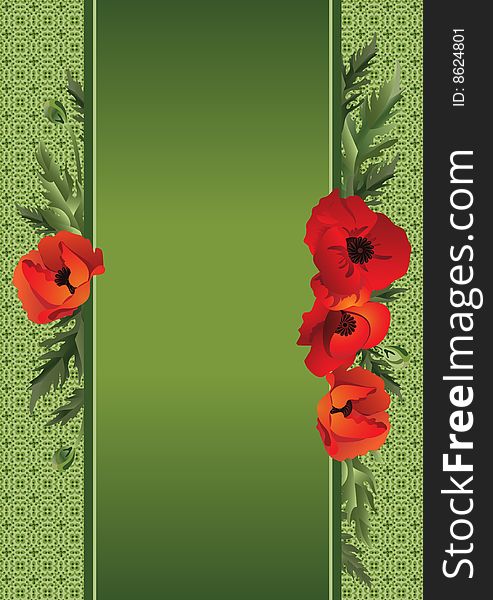 A sheet of paper with ribbons and poppies on a background of green. Vector illustration. A sheet of paper with ribbons and poppies on a background of green. Vector illustration.