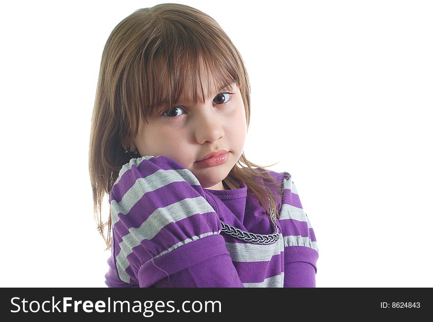 Sad little girl isolated on the white background
