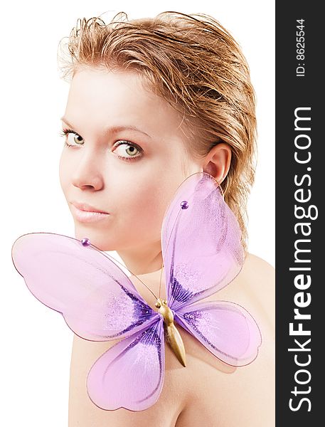 Pretty young girl with butterfly on shoulder. Pretty young girl with butterfly on shoulder