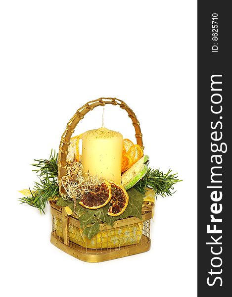 A wicker basket and candle home decoration