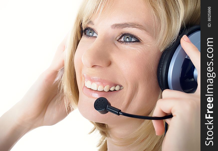 Business customer operator smiling woman. Business customer operator smiling woman