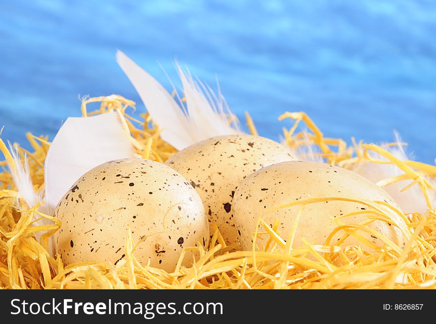 Three eggs and white feathers in yellow staw. Three eggs and white feathers in yellow staw