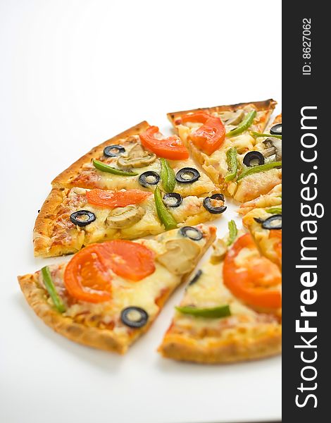 Homemade pizza with fresh tomato olive mushroom cheese isolated. Homemade pizza with fresh tomato olive mushroom cheese isolated