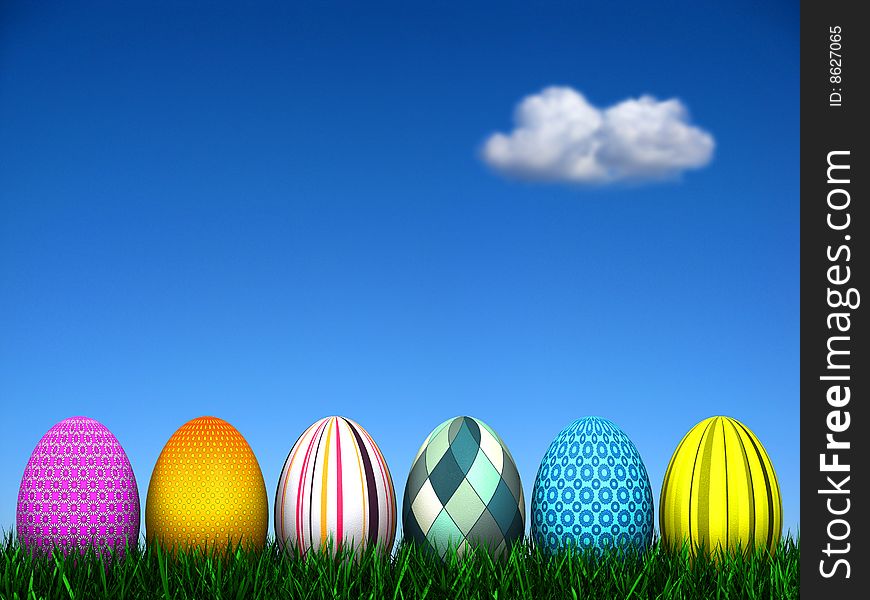 6 Easter Eggs in the grass with an out of focus beautiful blue sky background with a single cloud. See more variations in my Gallery. 6 Easter Eggs in the grass with an out of focus beautiful blue sky background with a single cloud. See more variations in my Gallery