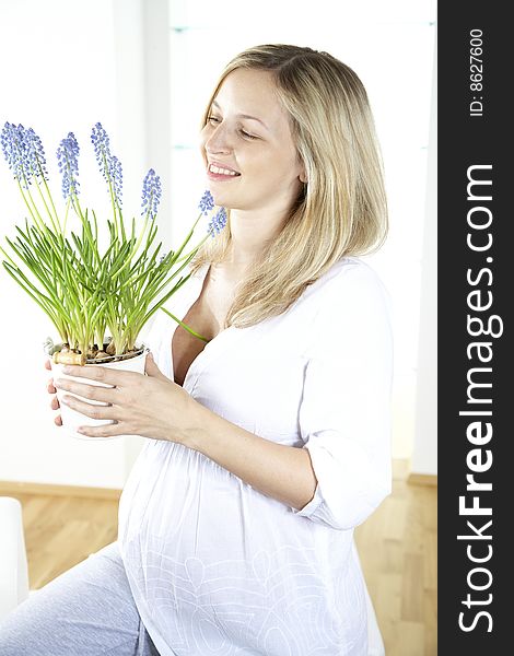 Young beautiful pregnant woman is holding hyacinths