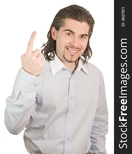 Young smiling dark haired caucasian man in light blue striped shirt counting on fingers one isolated on white. Young smiling dark haired caucasian man in light blue striped shirt counting on fingers one isolated on white