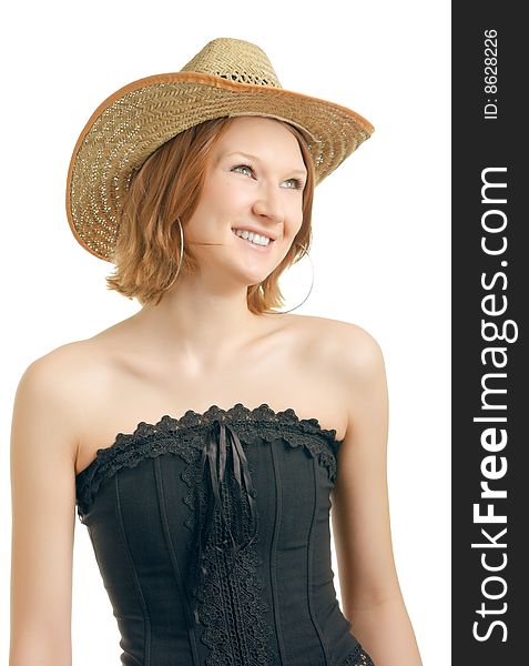 Girl in a straw hat on white background. Girl in a straw hat on white background
