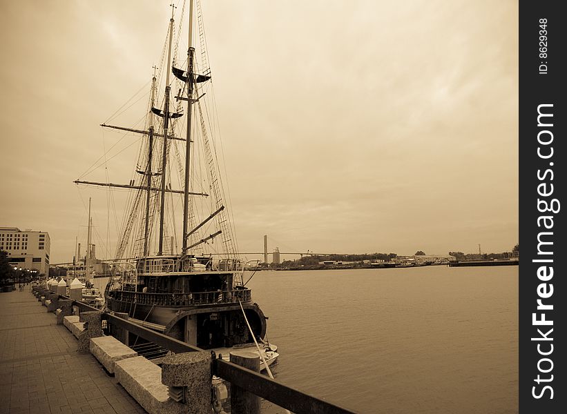 Vintage wooden sailing ship in port of Savannah, Georgia