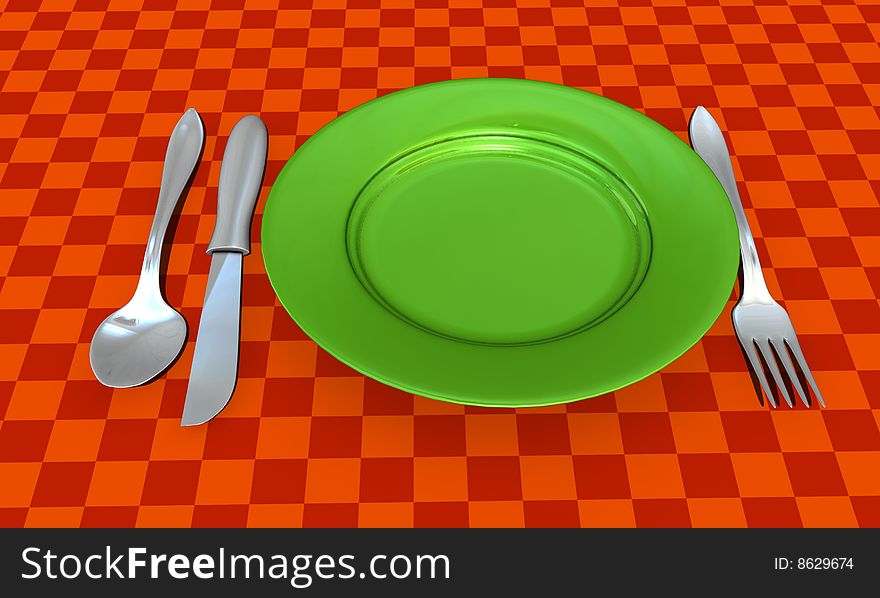 Knife, fork, spoon and plate with table coth - 3d render